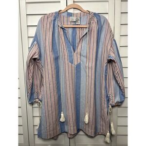 LIV Los Angeles Striped Boho Beach Tassel Cotton Tunic Cover Up Size Large